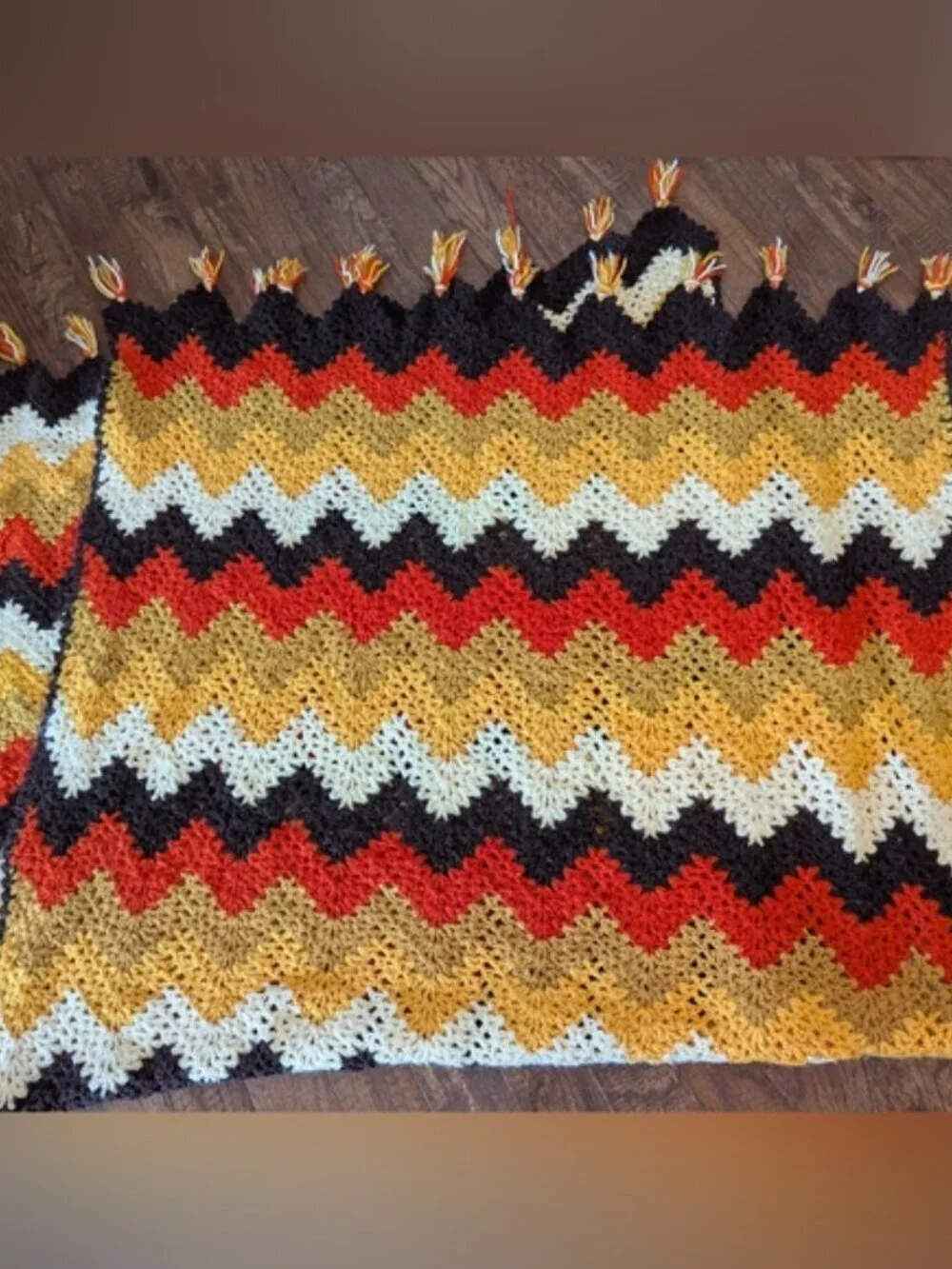 Vintage Chevron Afghan Crocheted Blanket Throw Zig Zag Earthy 70s Retro Groovy